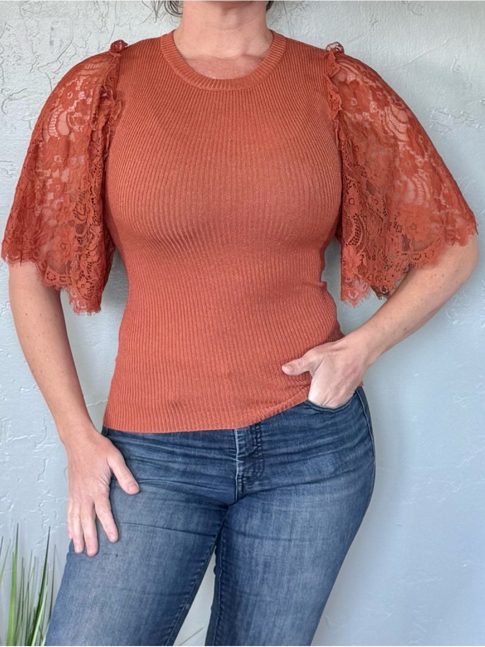 Lovecolette Rust Orange Lace-Sleeve Ribbed Knit Top